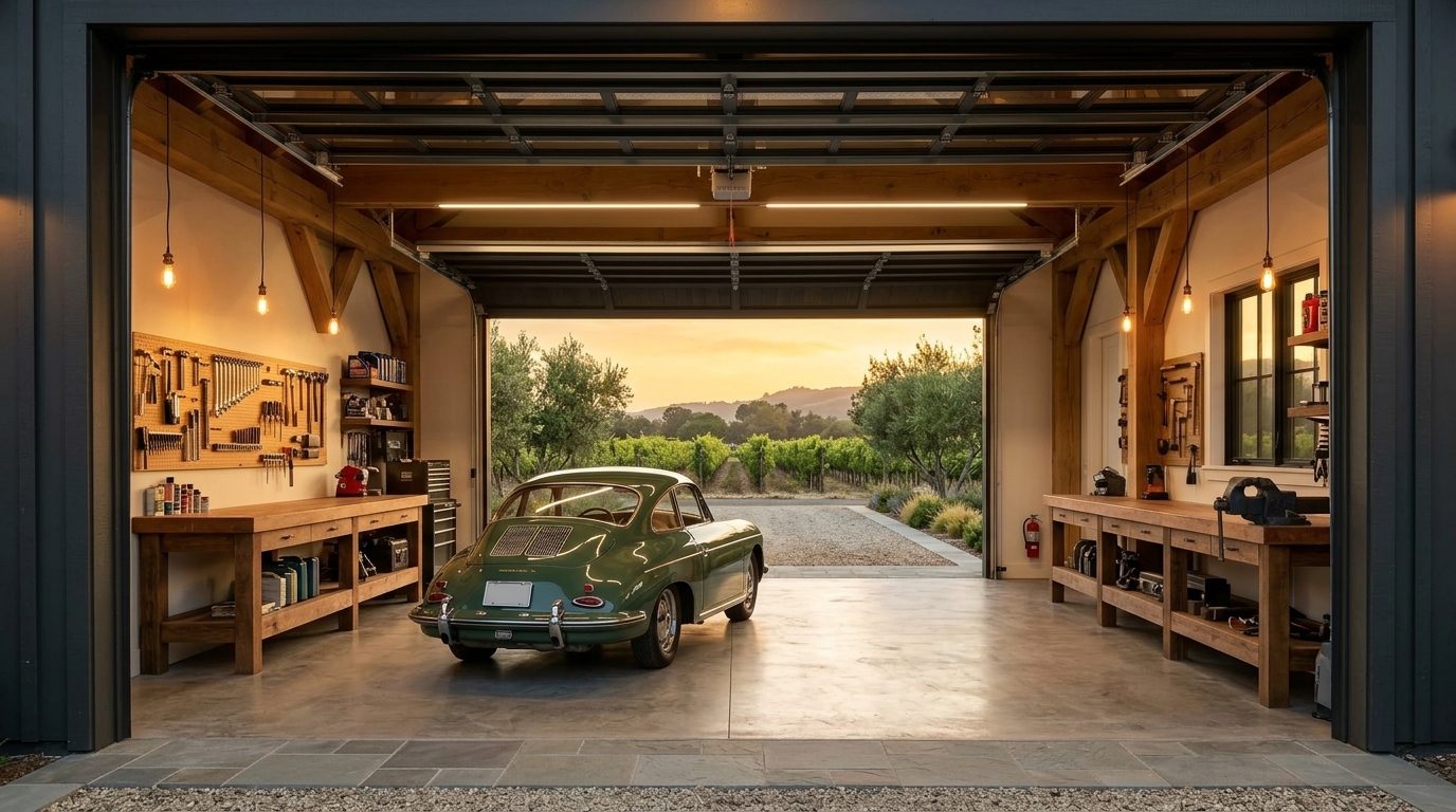 Mercier Thompson Garage Door Repair Interior View of Custom Garage Door Overhead and Workshop